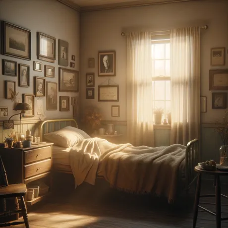 DALL·E 2023-12-19 20.25.44 - A quiet room with a bed where an elderly man, Jacob Morrow, lies peacefully during his final days. The room is simple yet filled with personal items t.png