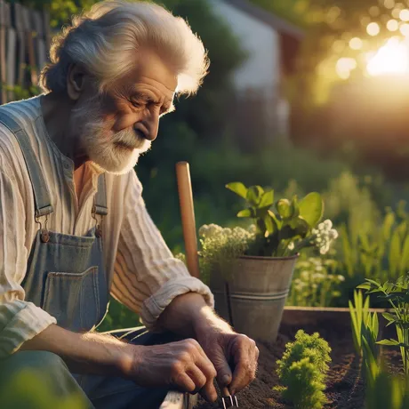 DALL·E 2023-12-19 20.25.32 - An elderly man, Jacob Morrow, working in a small garden with care. He has a gentle, contemplative expression, reflecting a life of hard work and unful.png